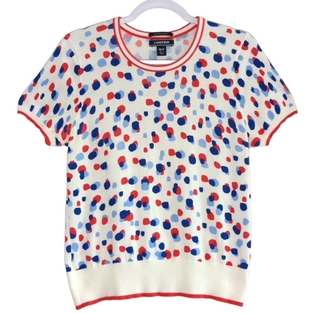 Land's End Women's Red White Blue Geo Print 100% Supima Cotton Sweater Size MP